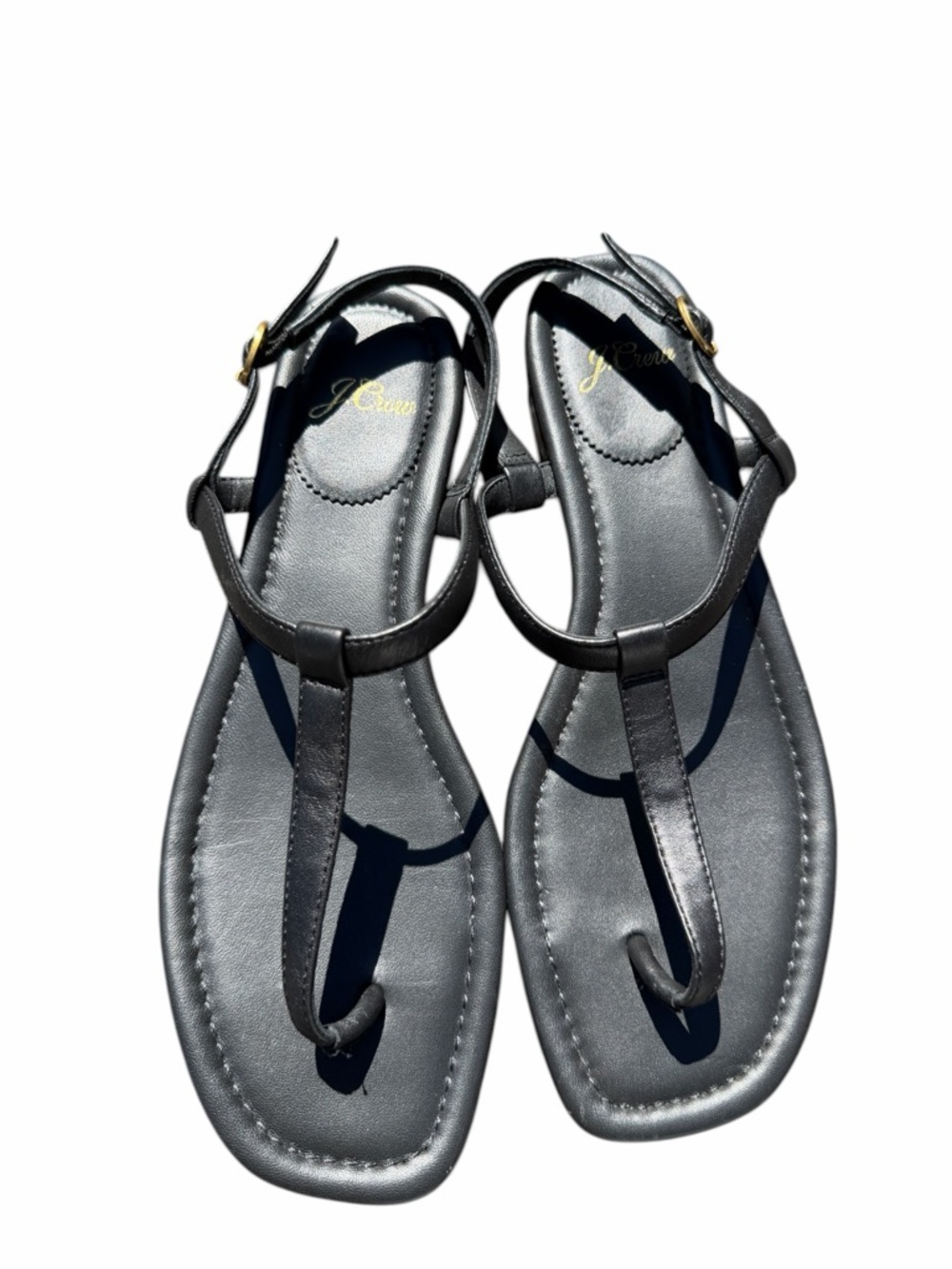 J. Crew Black T-Strap Leather Sandals with Gold Buckle - Picture 9 of 10